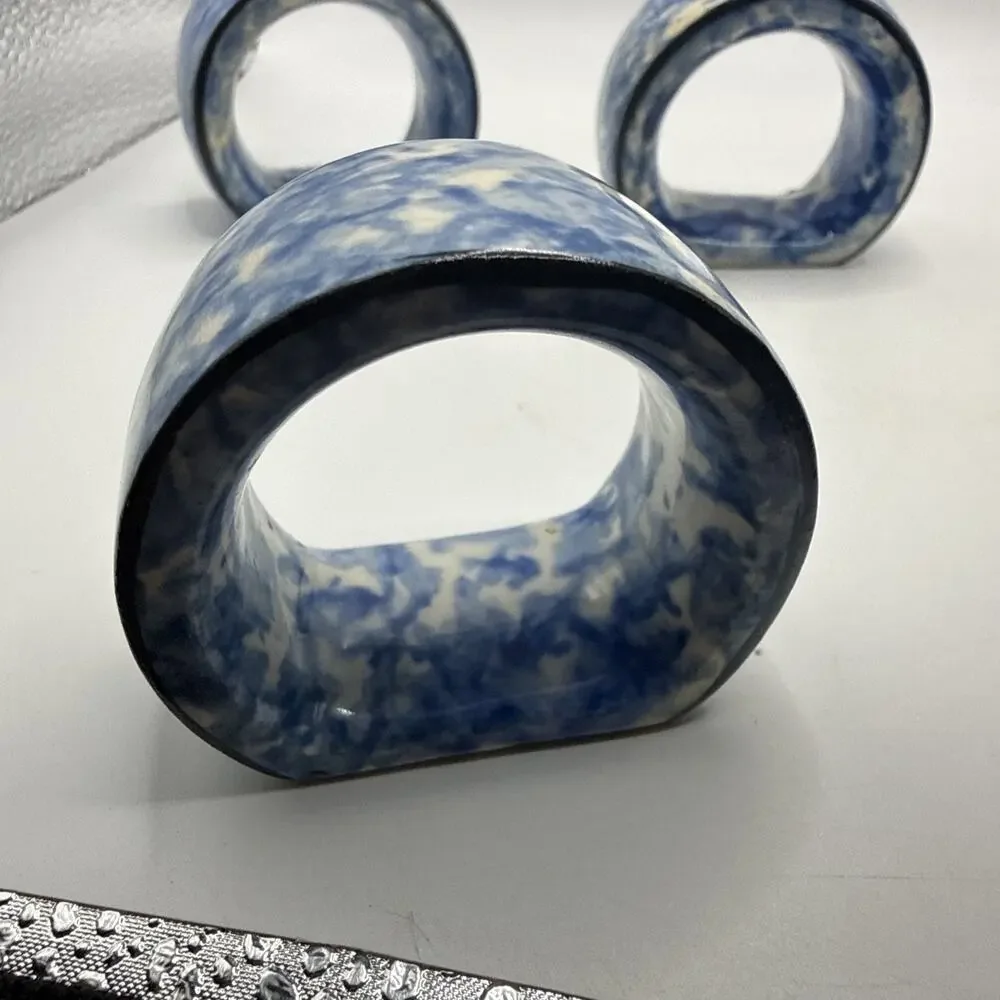 Vintage Knobler Blue Spongeware Ceramic Napkin Rings Set Of 3